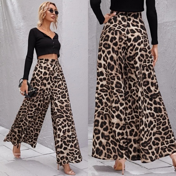 Pants - High waisted flared wide leg pants boho leopard print